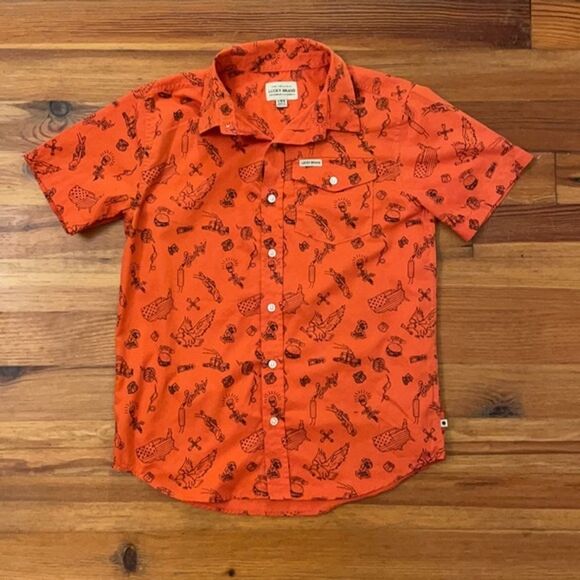 Lucky Brand Orange Novelty Print Button Up Mens Size Large Short Sleeve - Picture 3 of 12